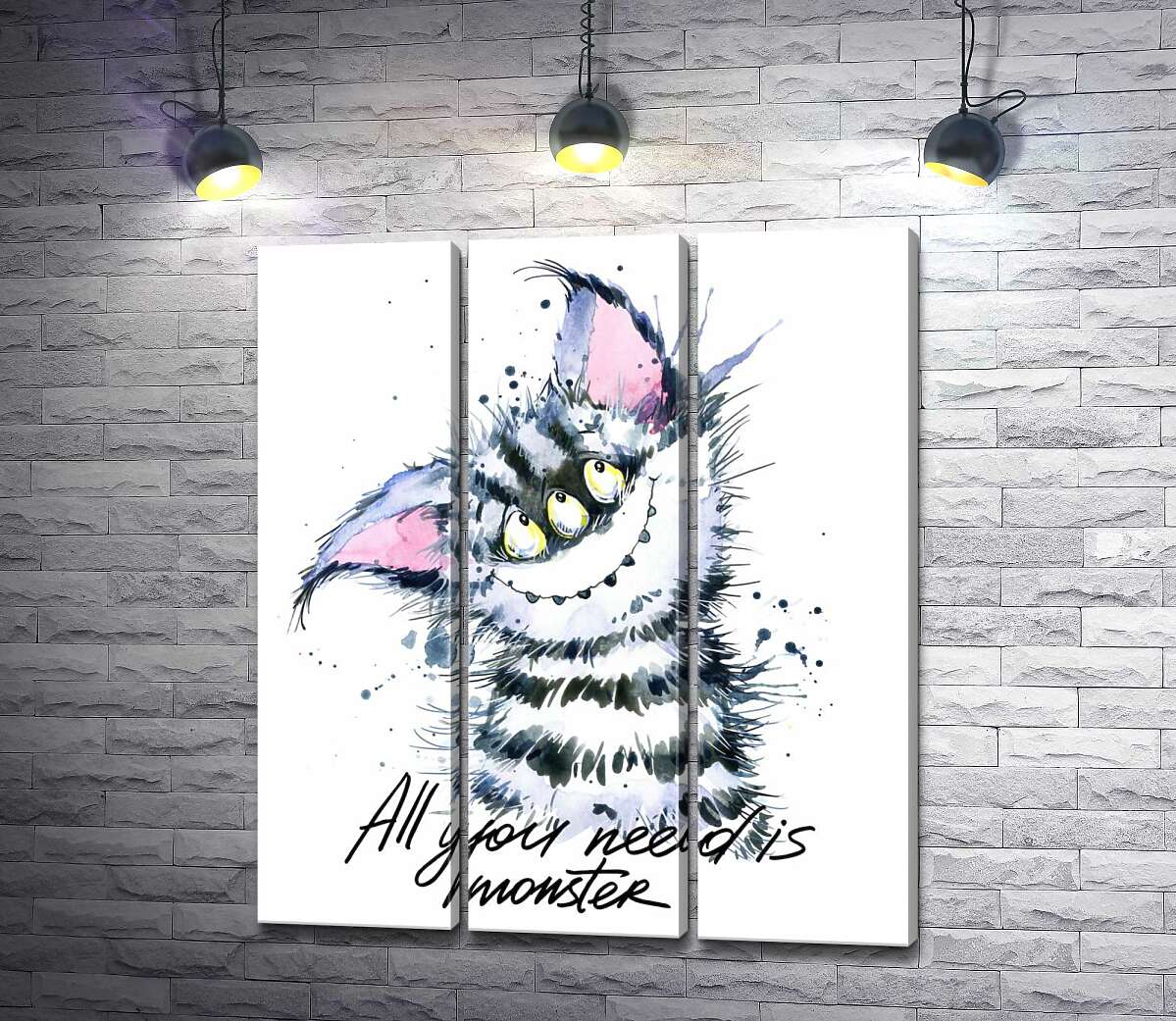 Модульная картина ArtPoster Полосатый монстр с кошачьей мордашкой и надписью "all you need is monster" 102x118 см Модуль №11
Модульная картина ArtPoster Полосатый монстр с кошачьей мордашкой и надписью "all you need is monster" 102x118 см Модуль №11