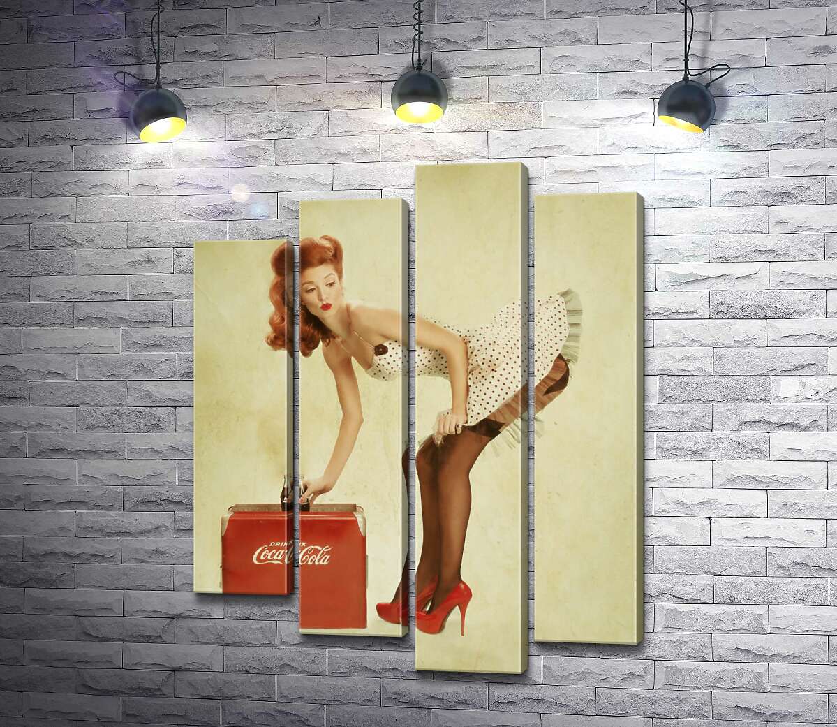 Модульная картина ArtPoster Пин ап красавица в белом платье нагнулась за бутылкой Кока-колы 132x171 см Модуль №21
Модульная картина ArtPoster Пин ап красавица в белом платье нагнулась за бутылкой Кока-колы 132x171 см Модуль №21
