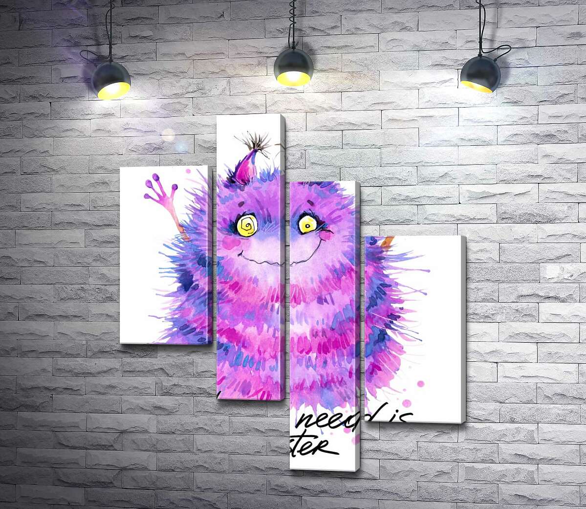Модульная картина ArtPoster Пушистый фиолетовый монстр с надписью "all you need is monster" 100x119 см Модуль №20
Модульная картина ArtPoster Пушистый фиолетовый монстр с надписью "all you need is monster" 100x119 см Модуль №20
