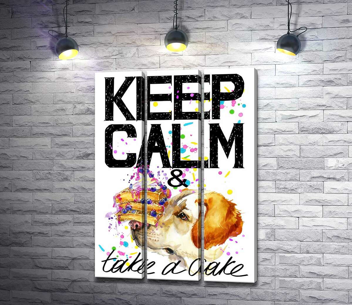 Модульная картина ArtPoster Собака с тортом на носу среди надписи " keep calm and take a cake " 132x190 см Модуль №11
Модульная картина ArtPoster Собака с тортом на носу среди надписи " keep calm and take a cake " 132x190 см Модуль №11