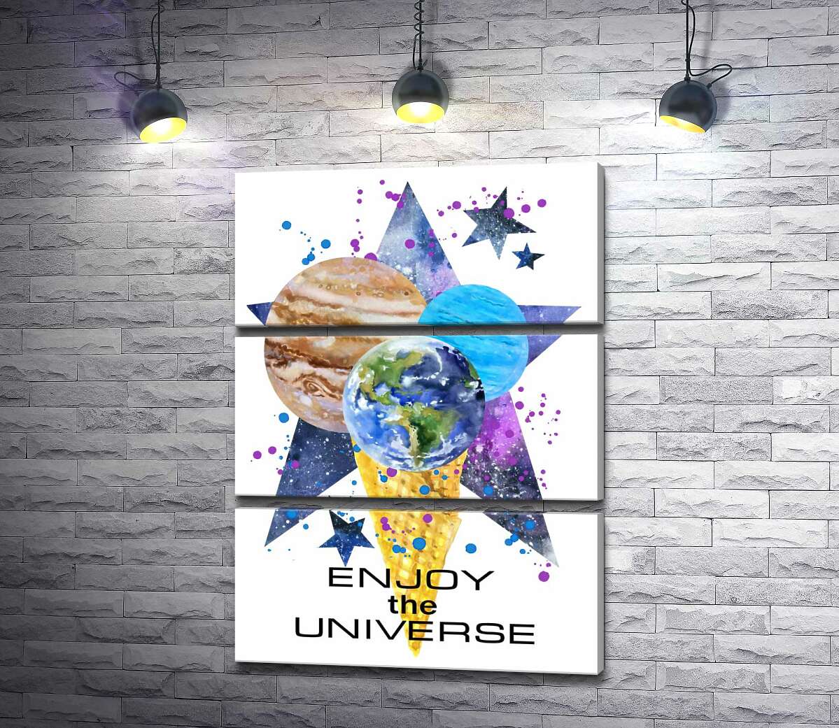 Модульная картина ArtPoster Три планеты в рожке мороженого на космическом фоне с надписью "enjoy the universe" 100x138 см Модуль №13
Модульная картина ArtPoster Три планеты в рожке мороженого на космическом фоне с надписью "enjoy the universe" 100x138 см Модуль №13