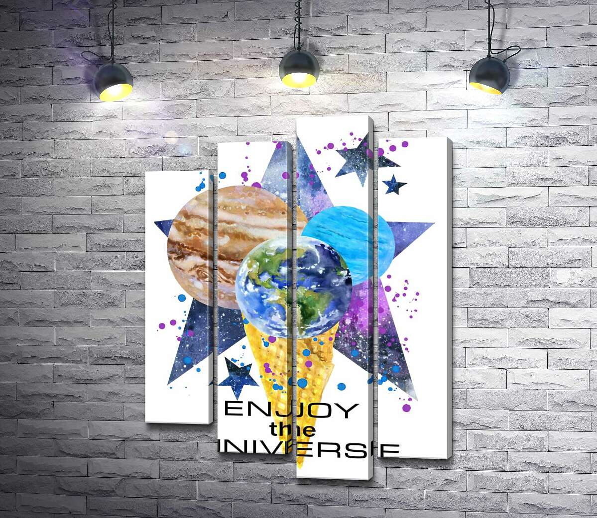 Модульная картина ArtPoster Три планеты в рожке мороженого на космическом фоне с надписью "enjoy the universe" 100x138 см Модуль №21
Модульная картина ArtPoster Три планеты в рожке мороженого на космическом фоне с надписью "enjoy the universe" 100x138 см Модуль №21