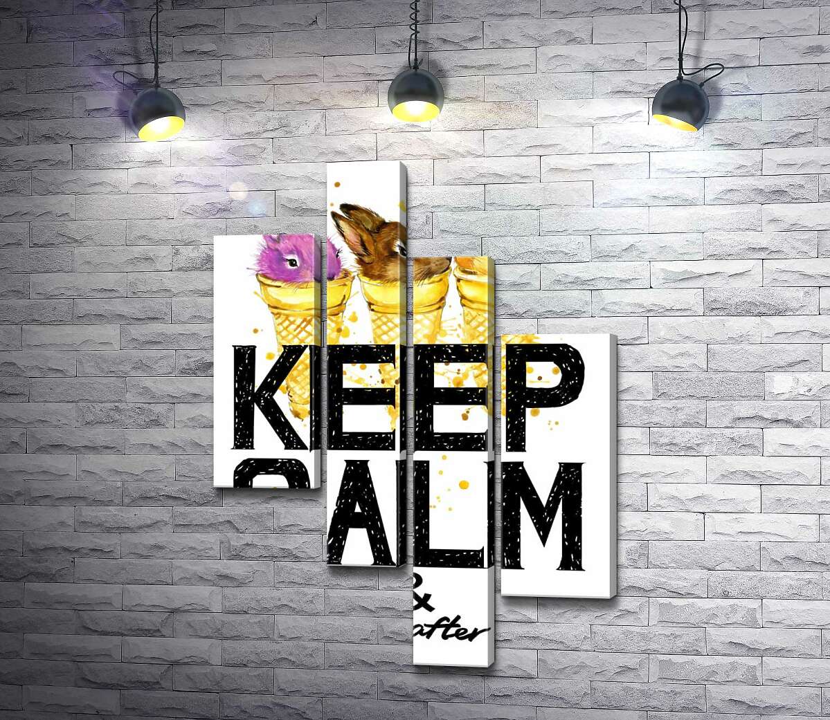 Модульная картина ArtPoster Цветные зайцы в рожках мороженого над надписью "keep calm and don't eat after 6 p.m." 100x147 см Модуль №20
Модульная картина ArtPoster Цветные зайцы в рожках мороженого над надписью "keep calm and don't eat after 6 p.m." 100x147 см Модуль №20