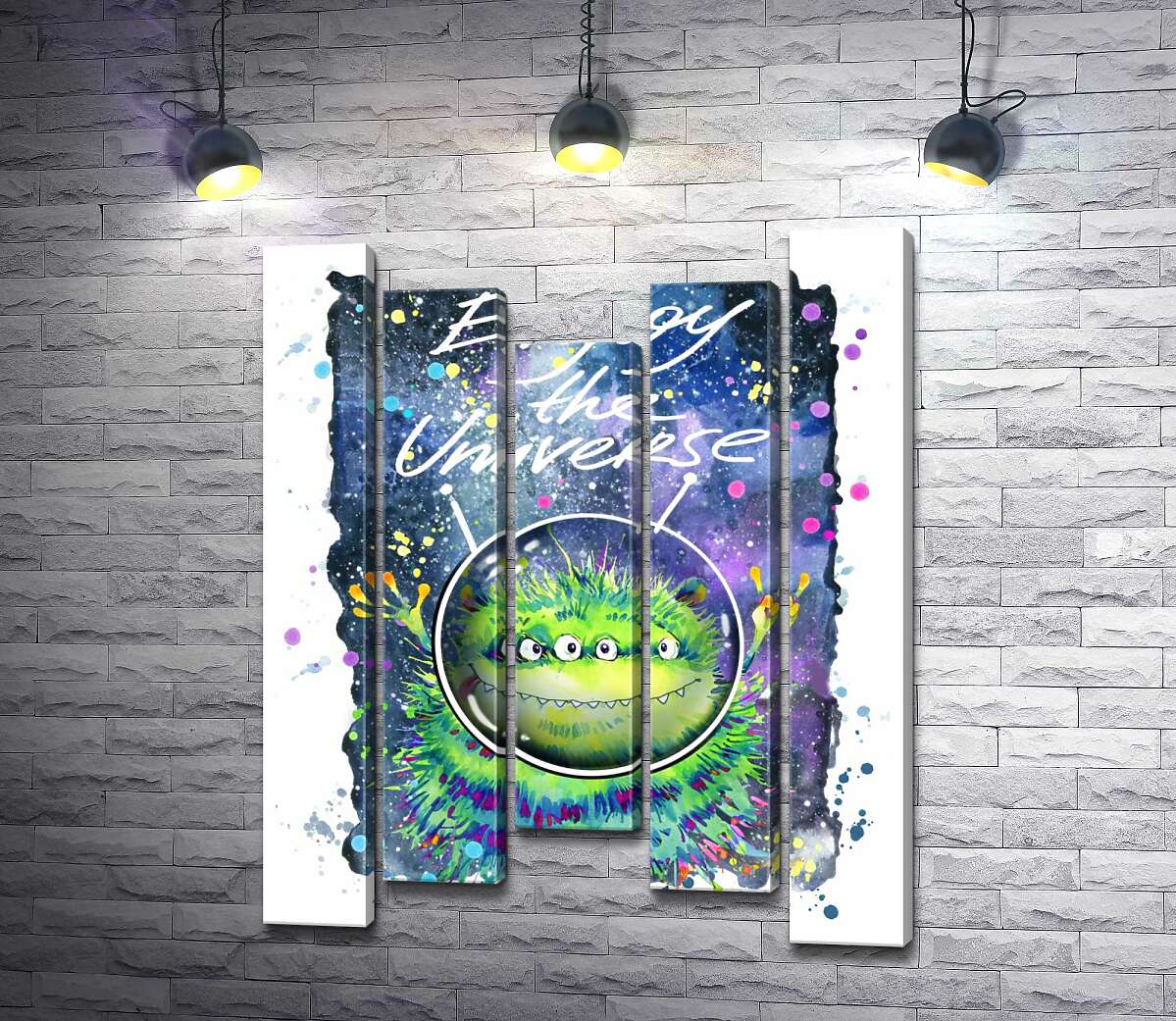 Модульная картина ArtPoster Четырехглазый зеленый монстр летает в космосе возле надписи "Enjoy the Universe" 100x130 см Модуль №28
Модульная картина ArtPoster Четырехглазый зеленый монстр летает в космосе возле надписи "Enjoy the Universe" 100x130 см Модуль №28