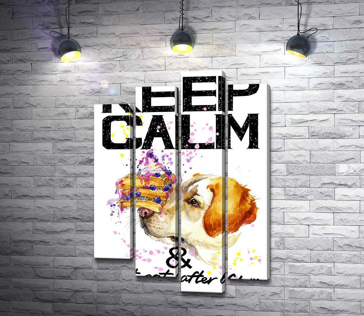 Модульная картина ArtPoster Черничный торт на носу у собаки среди надписи "keep calm and don't eat after 6 p.m." 132x192 см Модуль №21
Модульная картина ArtPoster Черничный торт на носу у собаки среди надписи "keep calm and don't eat after 6 p.m." 132x192 см Модуль №21