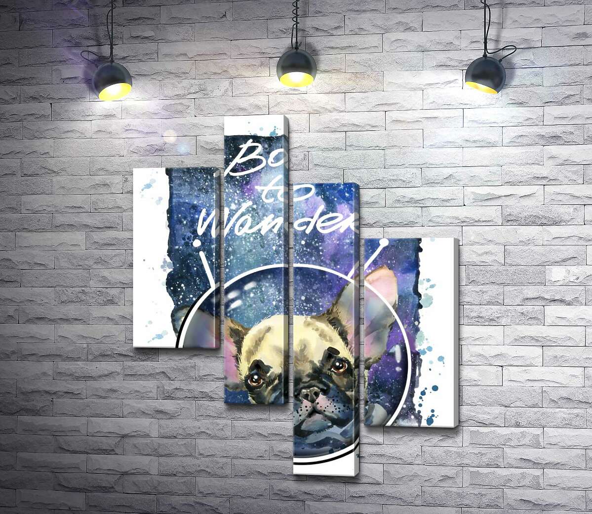 Модульная картина ArtPoster Ушастый бульдог среди космоса с надписью "born to wander" 130x167 см Модуль №20
Модульная картина ArtPoster Ушастый бульдог среди космоса с надписью "born to wander" 130x167 см Модуль №20