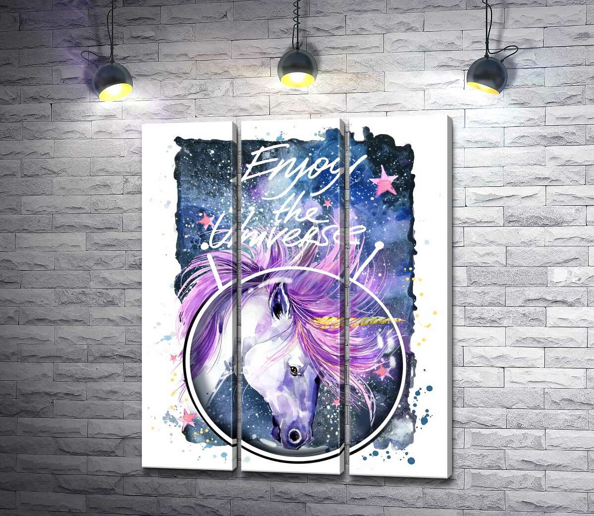 Модульная картина ArtPoster Белый единорог в шлеме среди космоса с надписью "Enjoy the Universe" 102x128 см Модуль №11
Модульная картина ArtPoster Белый единорог в шлеме среди космоса с надписью "Enjoy the Universe" 102x128 см Модуль №11