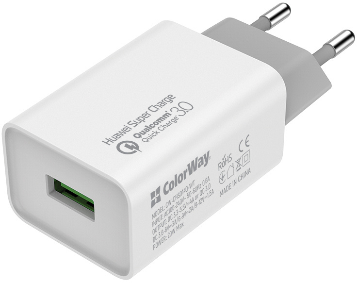 Сетевое зарядное устройство ColorWay 1 USB Huawei Super Charge/Quick Charge 3.0, 4A (20W) White (CW-CHS014Q-WT)
Сетевое зарядное устройство ColorWay 1 USB Huawei Super Charge/Quick Charge 3.0, 4A (20W) White (CW-CHS014Q-WT)