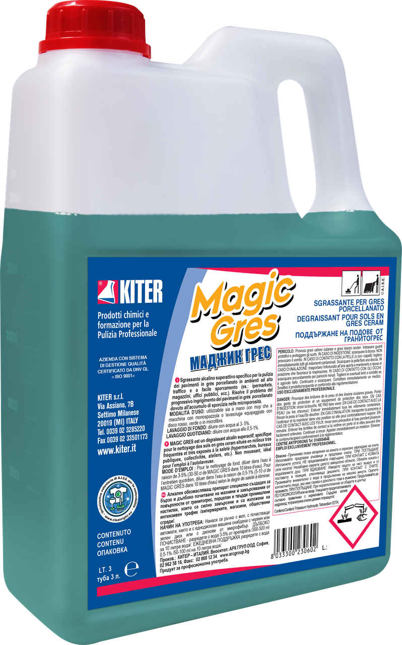 Mоющее средство для глубокой уборки и очистки керамогранита Kiter Magic Gres LT 3 л
Mоющее средство для глубокой уборки и очистки керамогранита Kiter Magic Gres LT 3 л