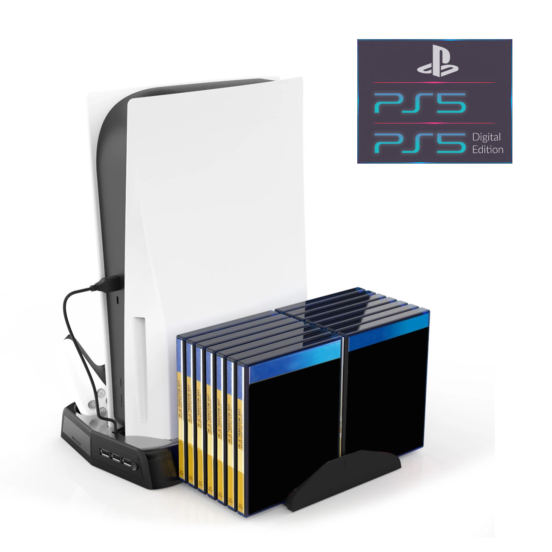 Вертикальная подставка KJH для Sony PlayStation PS5 Disk Drive version / PS5 Digital Edition с охлаждающими кулерами, зарядная станция для двух геймпадов DualSense с LED подсветкой, подставка под 14 дисков
Вертикальная подставка KJH для Sony PlayStation PS5 Disk Drive version / PS5 Digital Edition с охлаждающими кулерами, зарядная станция для двух геймпадов DualSense с LED подсветкой, подставка под 14 дисков