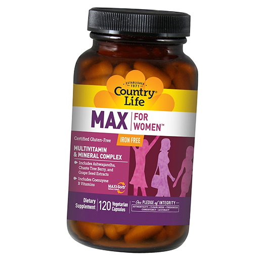 Мультивитамины для женщин без железа, Max for Women Iron Free, Country Life 120вегкапс (36124010)
Мультивитамины для женщин без железа, Max for Women Iron Free, Country Life 120вегкапс (36124010)