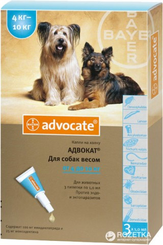 Капли Bayer Адвокат от заражений эндо и экто паразитами для собак 4-10 кг 3 пипетки (4007221037392)
Капли Bayer Адвокат от заражений эндо и экто паразитами для собак 4-10 кг 3 пипетки (4007221037392)