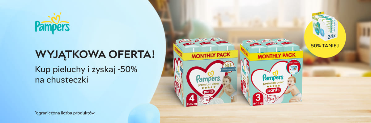 Kup pieluchy Pampers i otrzymaj zniżkę -50% na chusteczki.