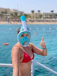 Повнолицева панорамна S/M Снорклінг Маска для плавання VelaSport 1.0 на все обличчя для купання пірнання мономаска з трубкою та клапаном з кріпленням для екшн камери дитячі та дорослі Black White фото від покупців 1