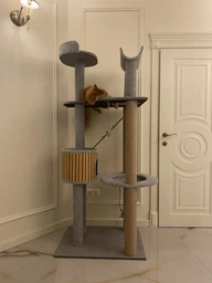Высокий кошачий комплекс когтеточка с домом, гамаком для котов мелких и средних пород 190х80х60см бежево коричневый