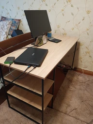 Стол компьютерный письменный с металлическим каркасом в стиле Лофт (Loft) прямой рабочий для дома и офиса 1000х750х600мм; металл: Черный; дерево: Дуб Сонома + стеллаж с полками (0273|22) фото от покупателей 4