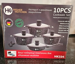 Набор кастрюль Higher Kitche НК 324 с антипригарным гранитным покрытием и сковородой 10 предметов Черный