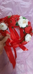 Віночок обруч український об'ємний на голову з квітами та стрічками червоно-білий