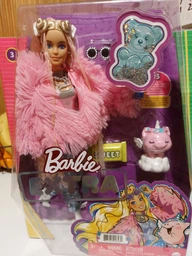 Лялька Барбі Екстра Модниця у розовому пальті Barbie Extra Doll #3 в Червоний чорний рожевий Coat with Pet Unicorn-Pig GRN28 (88796190848)
