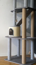 Стильная когтеточка с домиком игровой комплекс для кошек, котов всех пород 190х80х60см серо бежевая