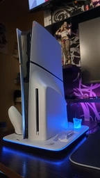 Універсальна мультифункціональна підставка для PlayStation 5 Slim Disk / Digital edition зарядка для геймпадів стенд для дисків кулер консолі та підставка для навушників Honcam біла фото від покупців 2