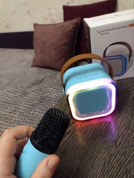 Портативна Bluetooth колонка бездротова з караоке ДВА мікрофони з різнокольоровим підсвічуванням, Рожева фото від покупців 17