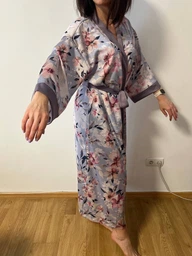 Женский халат кимоно длинный COSY Morning Bloom шелк-сатин L/XL цветы на лавандовом цвете MB2 фото от покупателей 2