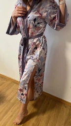 Женский халат кимоно длинный COSY Morning Bloom шелк-сатин L/XL цветы на лавандовом цвете MB2 фото от покупателей 1