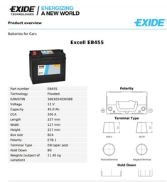 Автомобильный аккумулятор Exide Excell без нижнего бурта 45 А·ч Ев (-/+) (330EN) (EB454)
