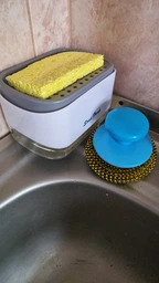 Дозатор для мийного засобу натискний з мочалкою Soap Pump, універсальний насосний органайзер-контейнер для рідкого мила і миючого для посуду, компактний економний диспенсер з губкою для кухні Біло-сірий, SP-001 фото від покупців 5