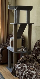 Стильная когтеточка с домиком игровой комплекс для кошек, котов всех пород 190х80х60см серо бежевая фото от покупателей 11