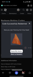 Код активации Flaming Hot Chip Head - Roblox