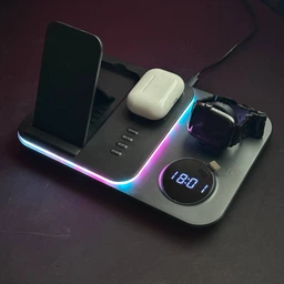 Бездротова зарядка 5в1 зарядна док станція LEXEGO для айфона iPhone AirPods та смарт годинника Apple Watch та LED підсвіткою Black A-82B фото від покупців 2