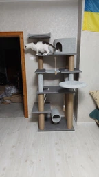 Высокий игровой кошачий комплекс когтеточка с большим домиком гамаком коту кошке 195х80х60см серый фото от покупателей 4