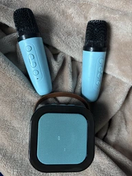 Портативна Bluetooth колонка бездротова з караоке ДВА мікрофони з різнокольоровим підсвічуванням, Рожева