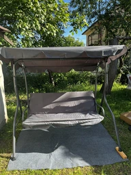 Садова гойдалка Relax Green посилена тримісна з навісом, сталева рама з порошковим покриттям, навантаження до 250 кг, водонепроникний поліестер, регульований тент, розміри 170×180×100 см фото від покупців 13