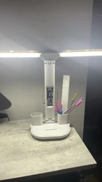 Світлодіодна настільна лампа трансформер на акумуляторі з дисплеєм 12в1 Tech Lamp - багатофункціональна з подвійним джерелом світла, календарем, термометром та тримачем для ручок, біла фото від покупців 3
