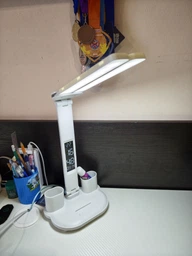 Світлодіодна настільна лампа трансформер на акумуляторі з дисплеєм 12в1 Tech Lamp - багатофункціональна з подвійним джерелом світла, календарем, термометром та тримачем для ручок, біла фото від покупців 1