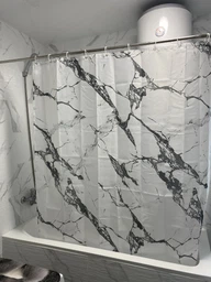 Штора для ванной комнаты шторка для душа белый мармор 180×200 см + кольца (12 шт) для шторки для ванной, белый фото от покупателей 2