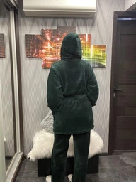 Пижама женская махра тёплая со штанами XL коричневая (9016-шоколад)