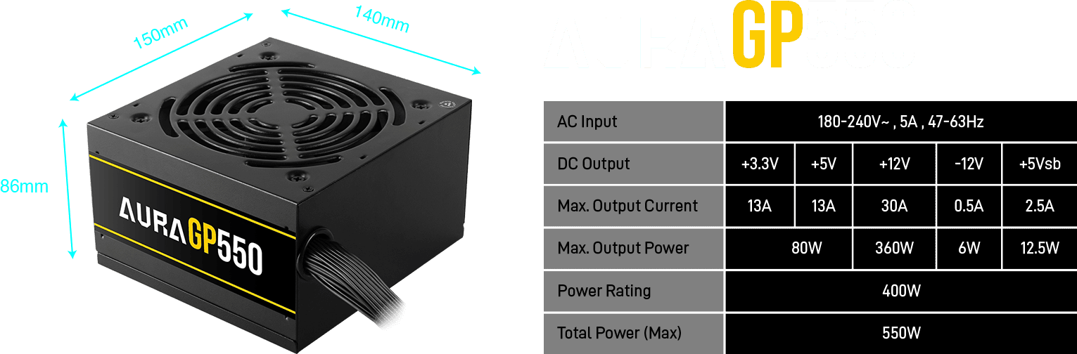Корпус для ПК, Блок питания GAMDIAS AURA GP550 Power Supply Unit, EU Power Cord