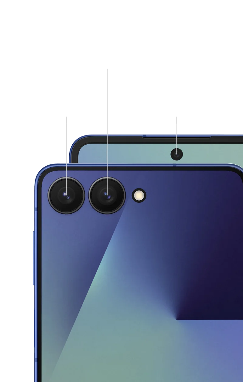 Крупний план об’єктивів задньої та фронтальної камери Galaxy Flip7.