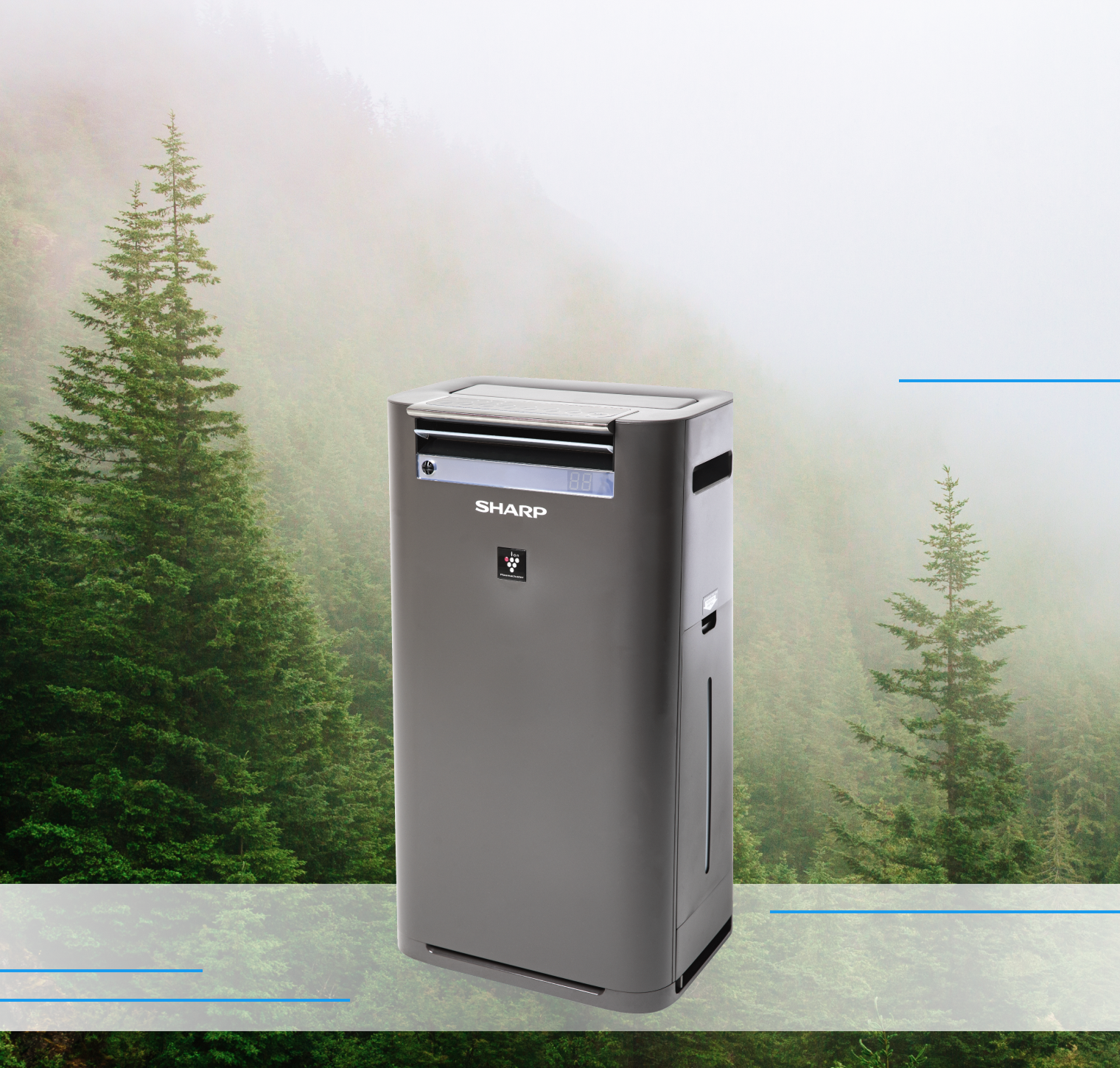 Очисник та зволожувач повітря Sharp KC-G50EUH на тлі густого лісу з високими зеленими хвойними деревами. Фон має легкий туман, що додає відчуття свіжості і чистоти.