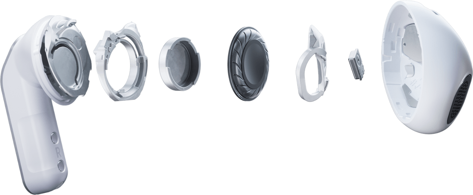 Пара білих навушників Galaxy Buds4 лежать у зарядному футлярі.