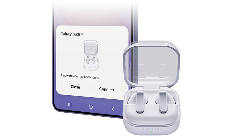 Смартфон Galaxy з спливаючим вікном Easy Pairing, що демонструє, наскільки просто підключити Galaxy Buds4. Праворуч від смартфона Galaxy розташовані Galaxy Buds4 в кейсі з відкритою кришкою.