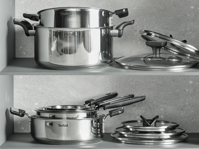 Кастрюли Tefal, компактно хранящиеся