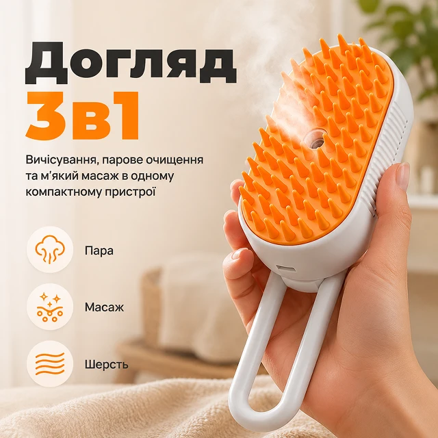 Багатофункціональна масажна парова щітка 3 в 1 для вичісування шерсті