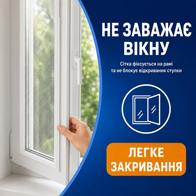 Кріплення сітки на липкій стрічці не заважає вільному закриванню вікна
