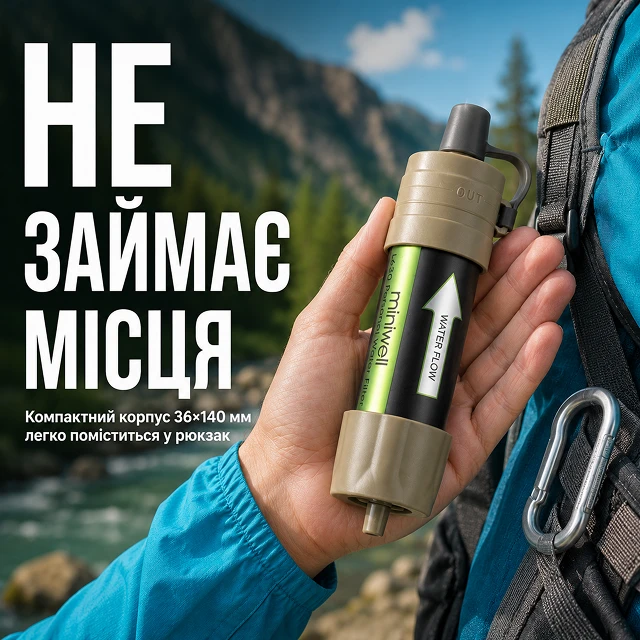 Компактный портативный корпус фильтра легко помещается в рюкзаке