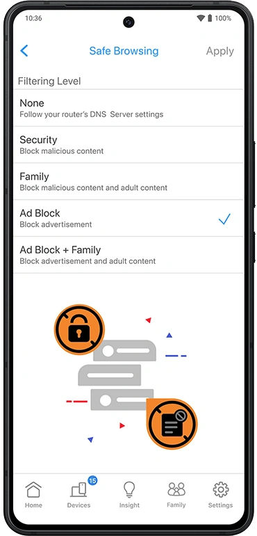 Интерфейс Safe Browsing с четырьмя уровнями фильтрации